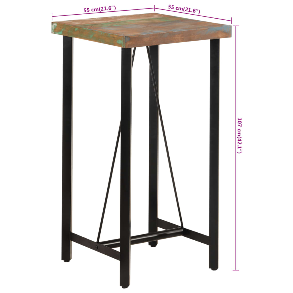 Table de bar 55x55x107 cm bois massif de récupération et fer