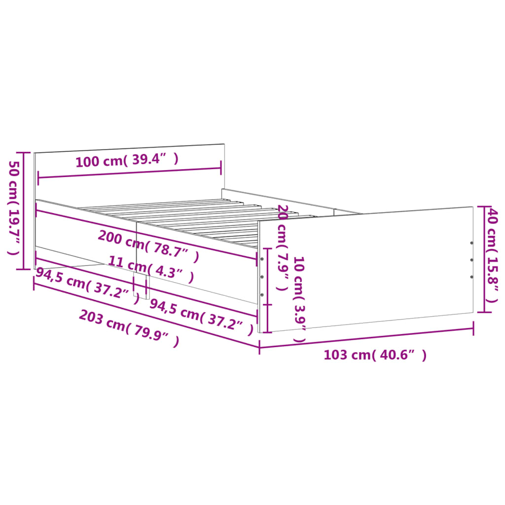 Cadre de lit sans matelas noir 100x200 cm bois d'ingénierie