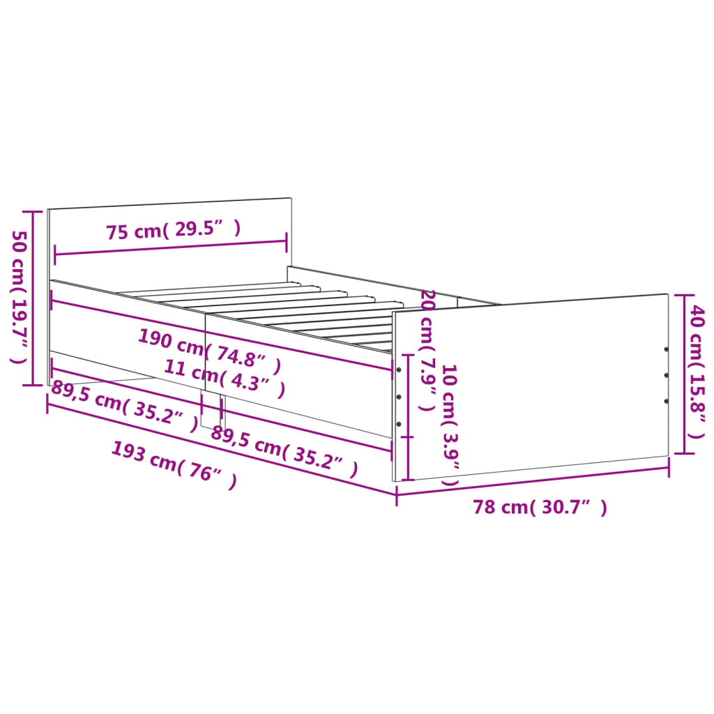 Cadre de lit sans matelas blanc 75x190 cm bois d'ingénierie