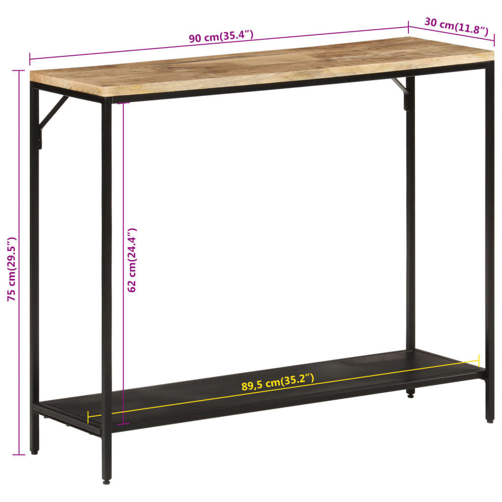 Table console 90x30x75 cm bois de manguier massif brut et fer