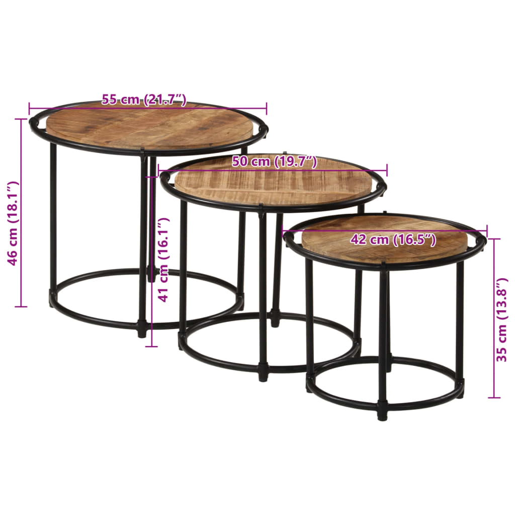 Tables gigognes 3 pcs bois de manguier massif brut