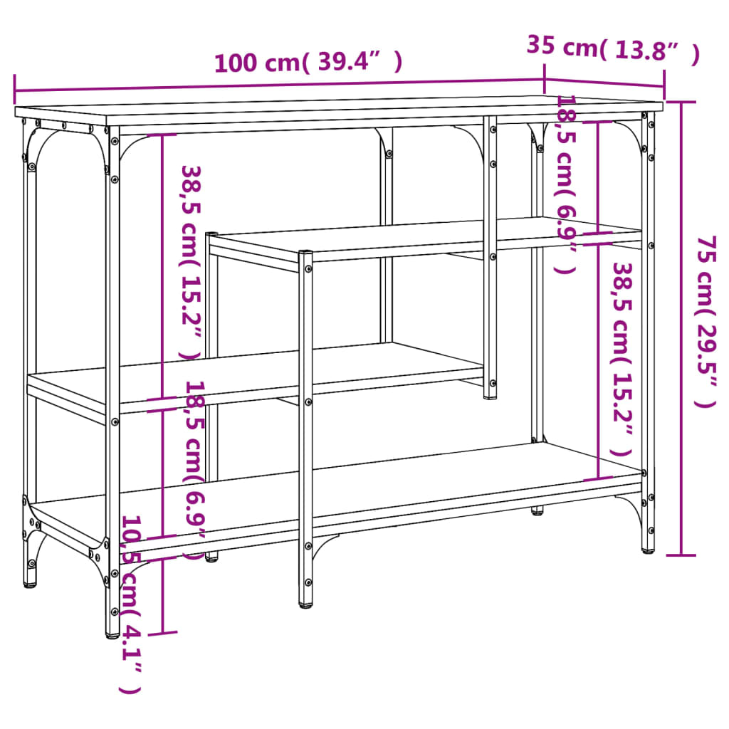 Table console avec étagères chêne marron 100x35x75 cm