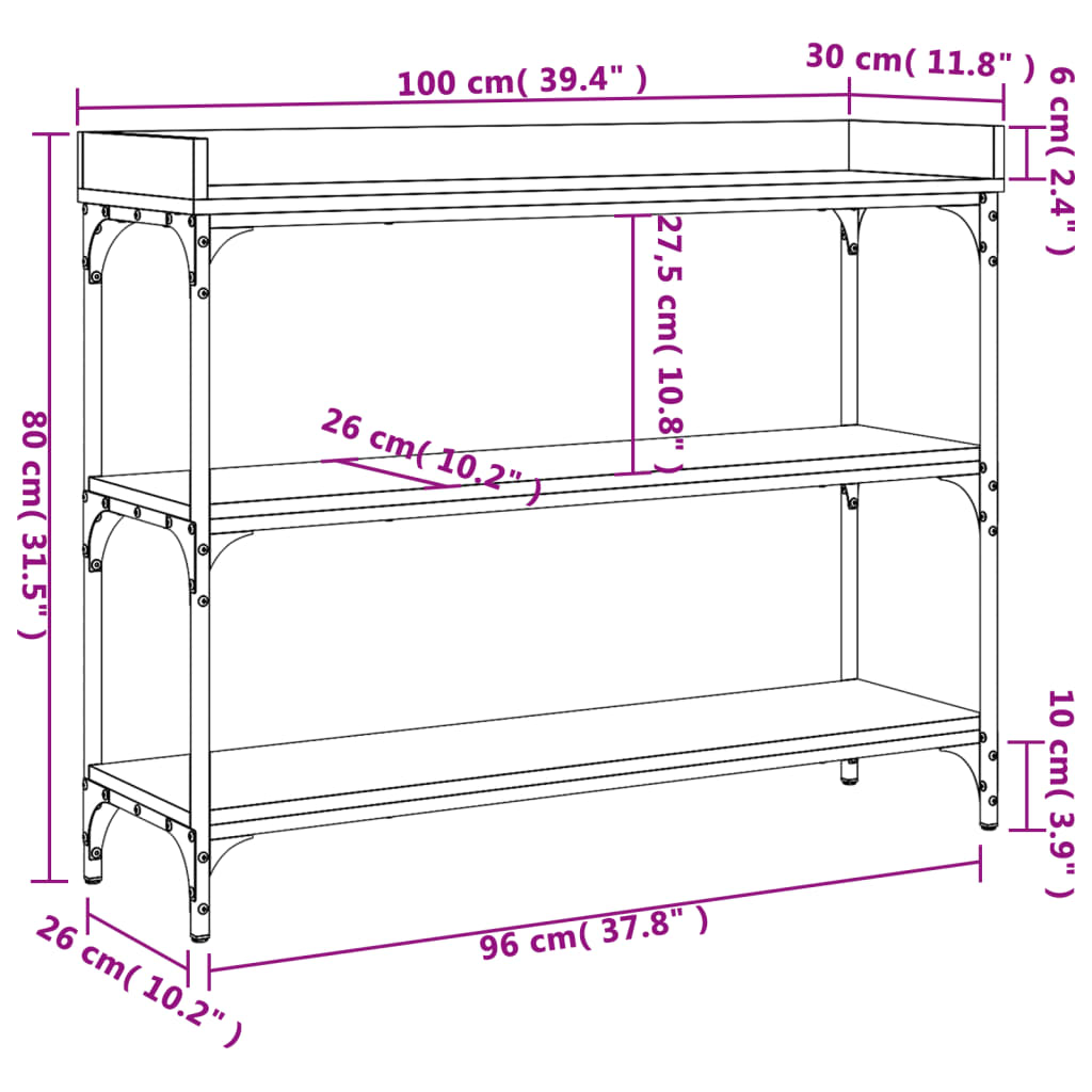 Table console avec étagères chêne fumé 100x30x80 cm