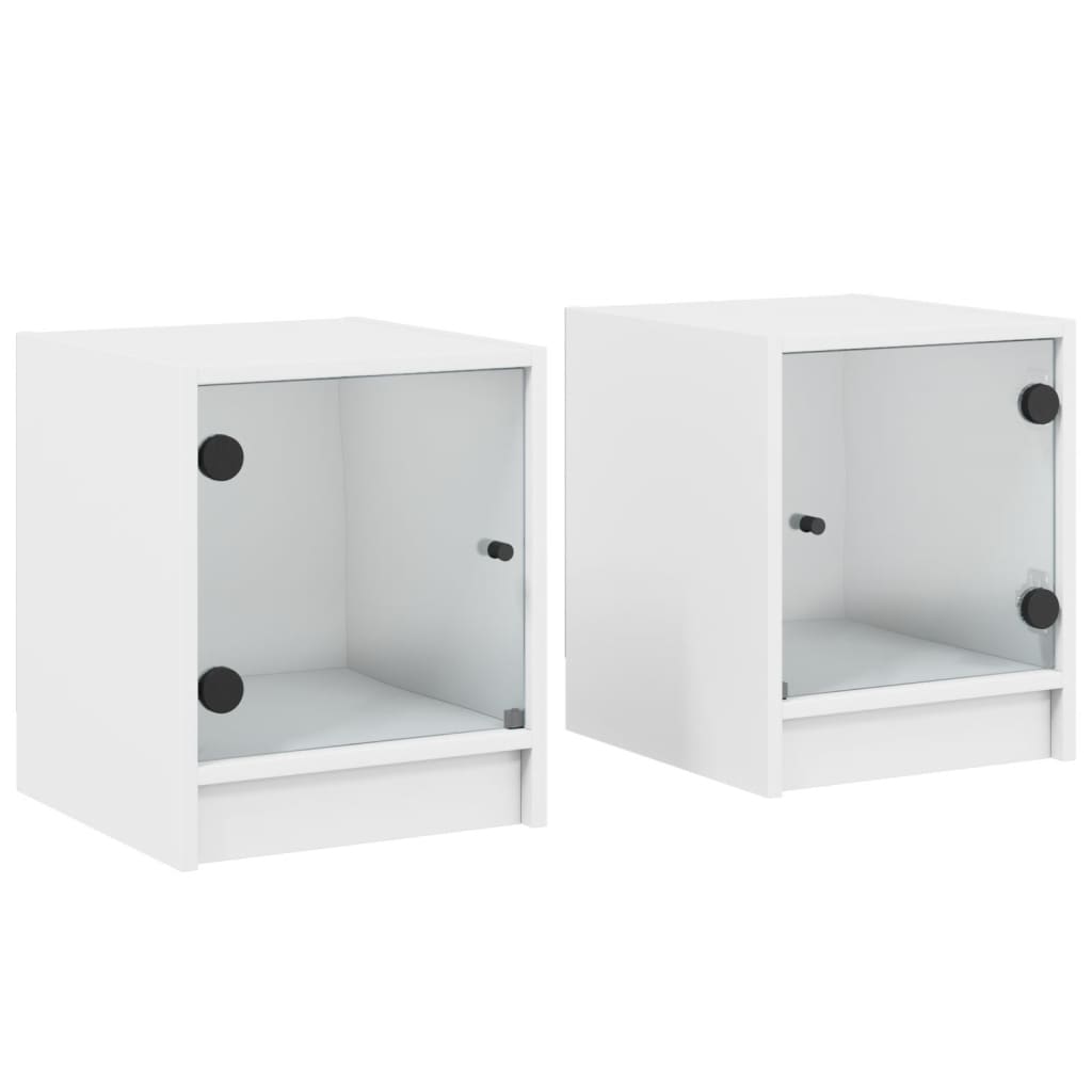 Tables de chevet avec portes en verre 2 pcs blanc 35x37x42 cm