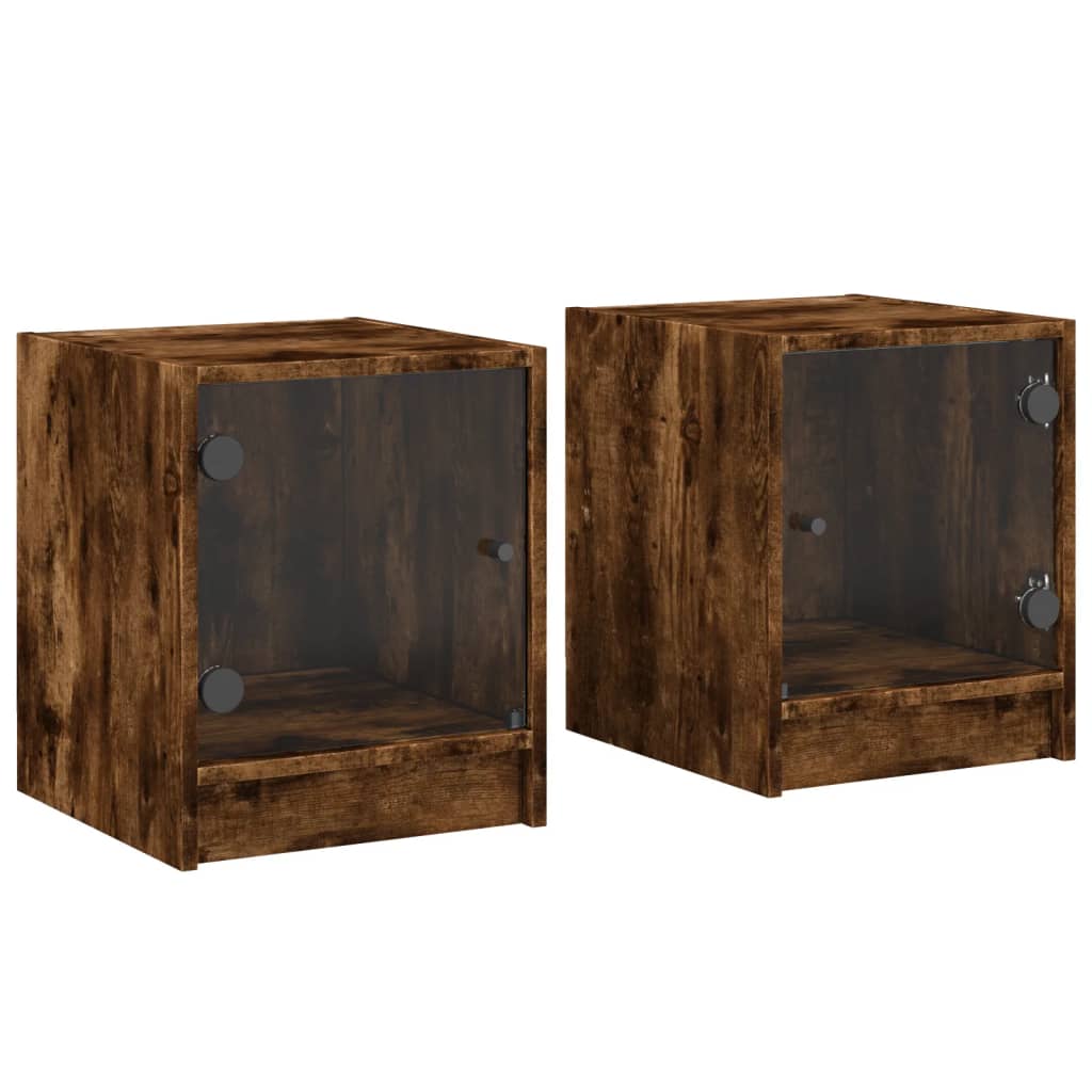 Tables de chevet et portes vitrées 2 pcs chêne fumé 35x37x42 cm