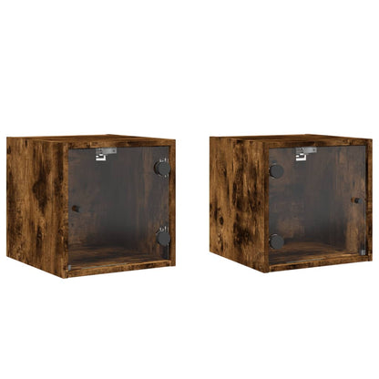 Tables de chevet et portes vitrées 2 pcs chêne fumé 35x37x35 cm