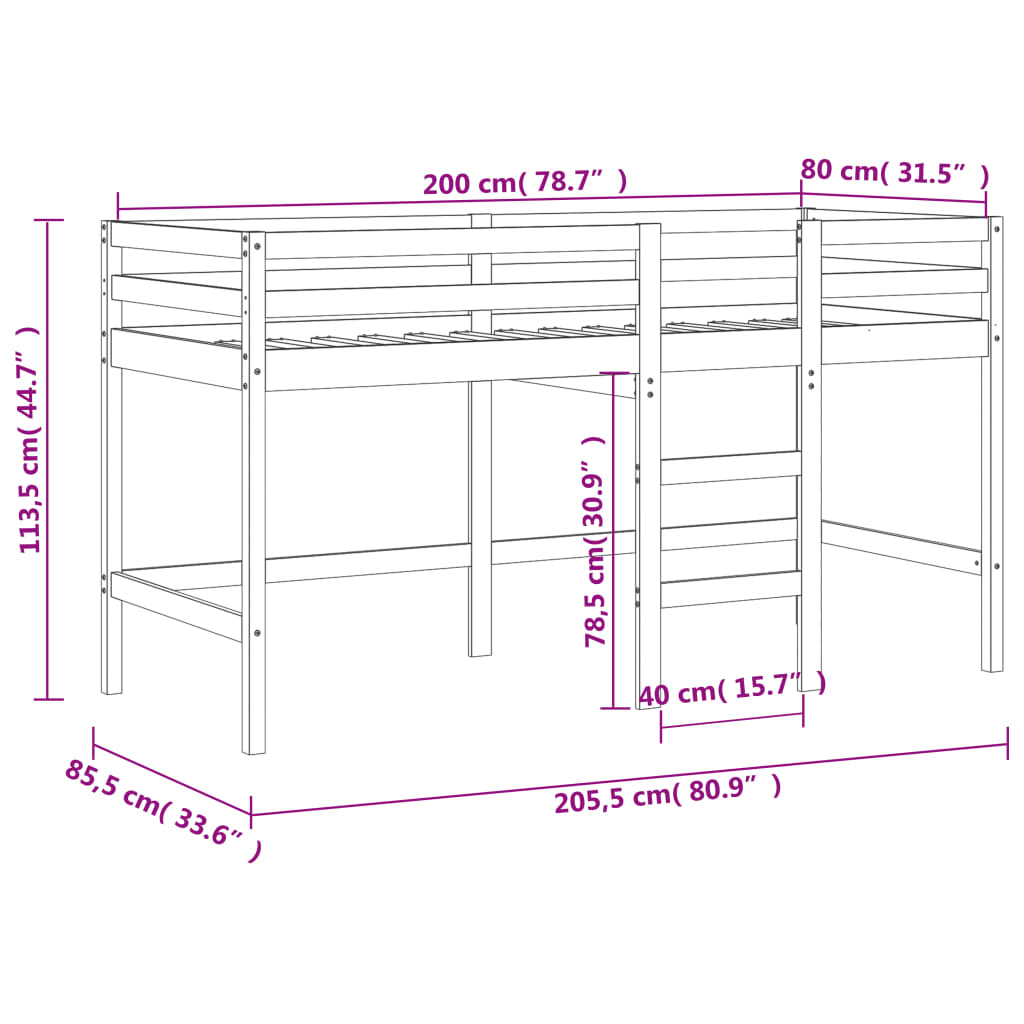 Lit mezzanine d'enfants sans matelas avec échelle noir 80x200cm