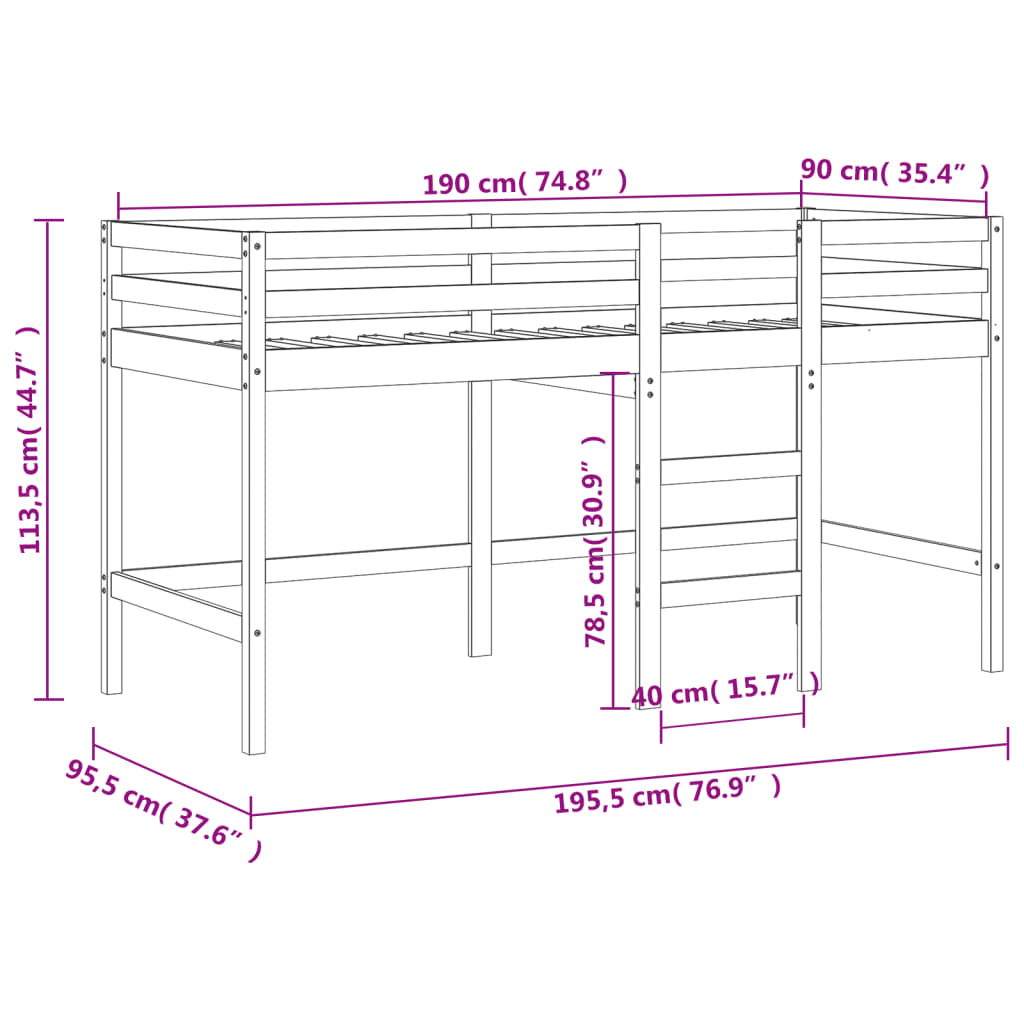 Lit mezzanine d'enfants sans matelas avec échelle 90x190 cm