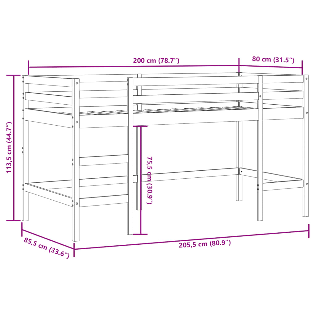 Lit mezzanine d'enfants sans matelas avec échelle 80x200 cm