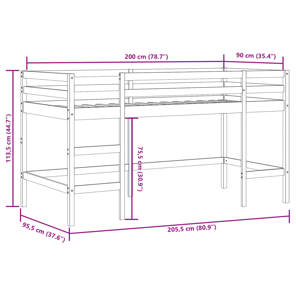 Lit mezzanine d'enfants sans matelas avec échelle 90x200 cm