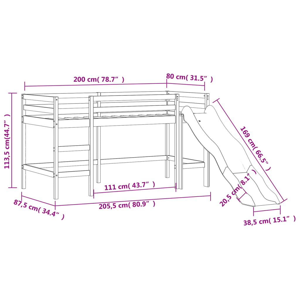 Lit mezzanine d'enfants sans matelas avec toboggan 80x200 cm