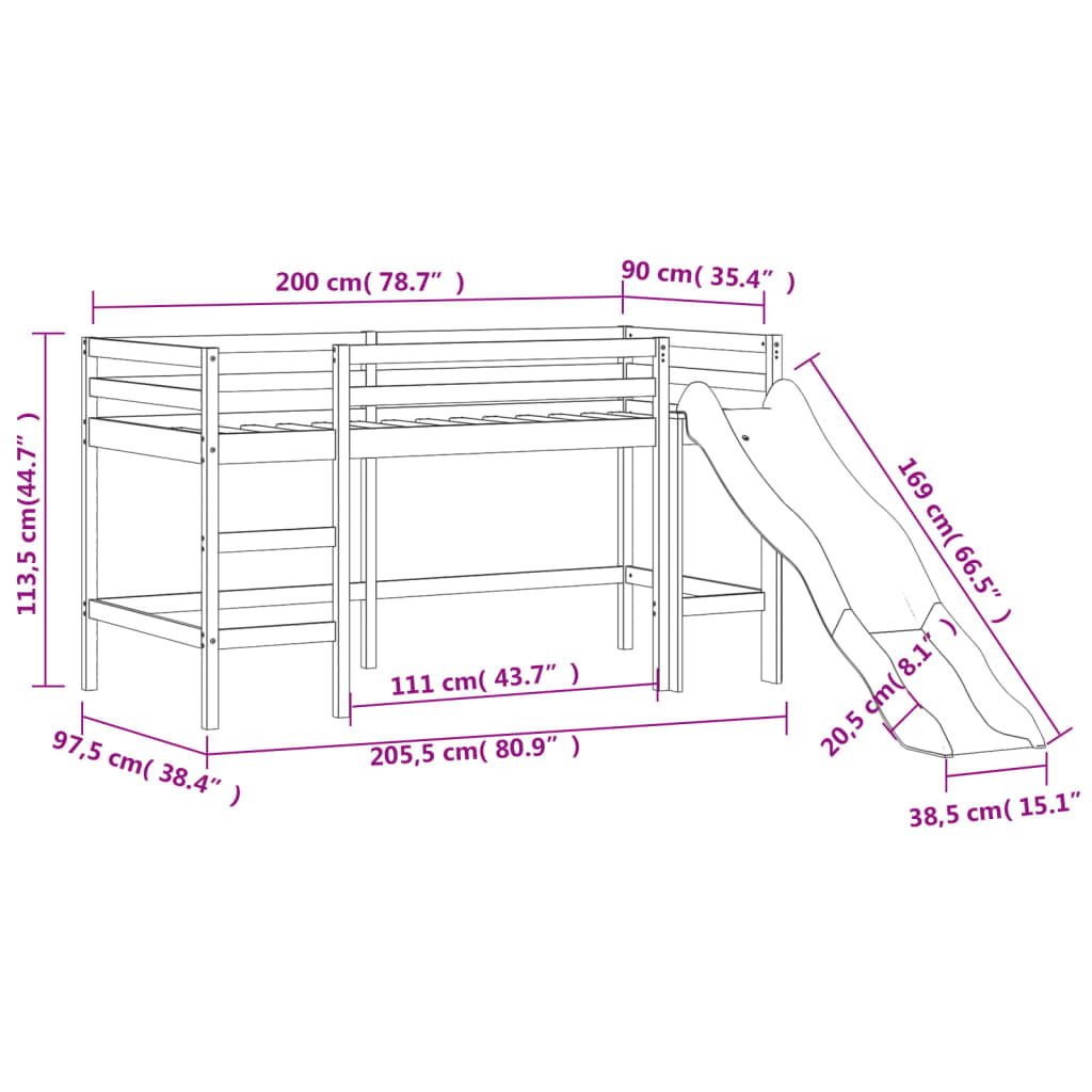 Lit mezzanine d'enfants sans matelas avec toboggan 90x200 cm