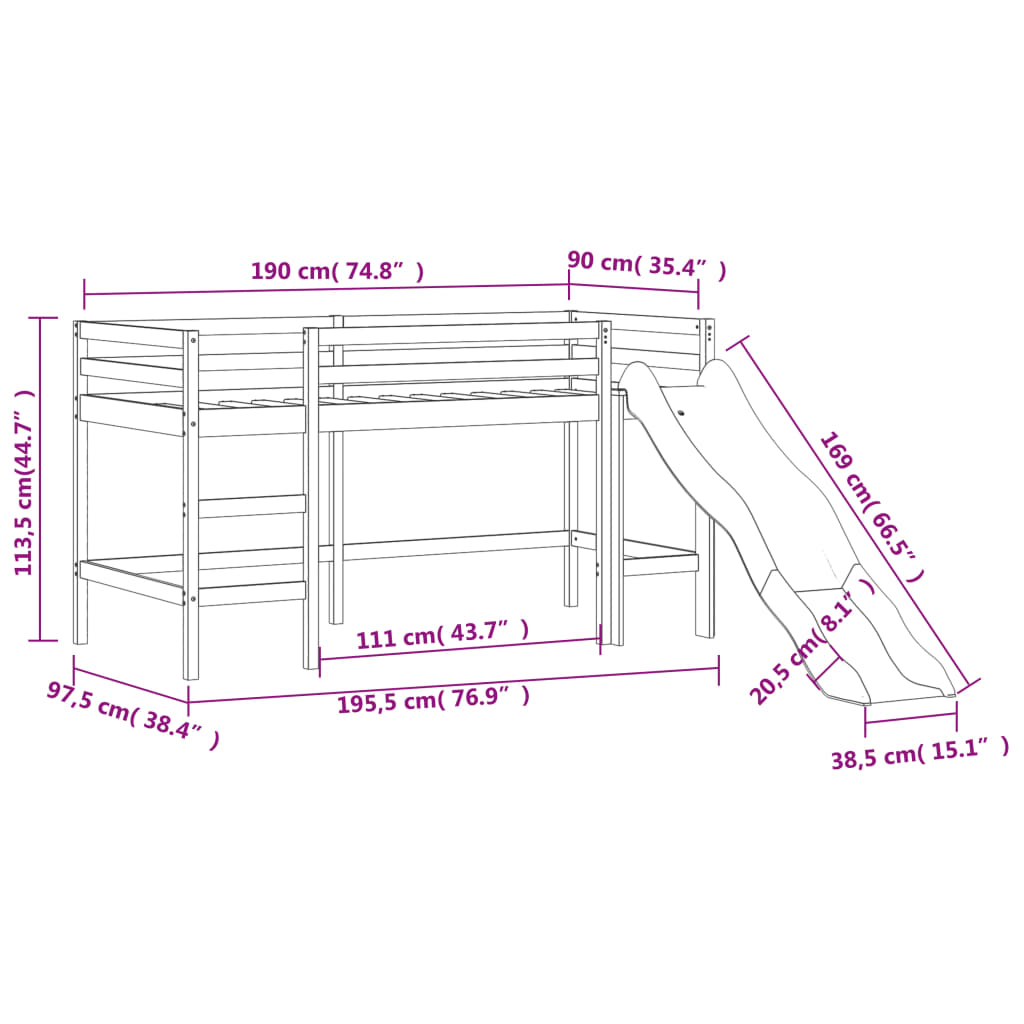 Lit mezzanine d'enfants sans matelas avec toboggan 90x190 cm