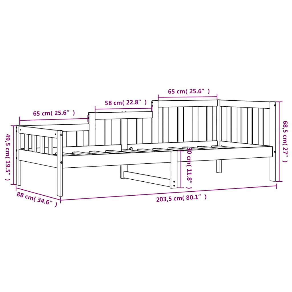 Lit de jour sans matelas noir 80x200 cm bois de pin massif