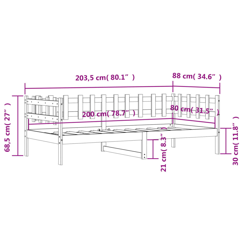 Lit de jour sans matelas noir 80x200 cm bois de pin massif