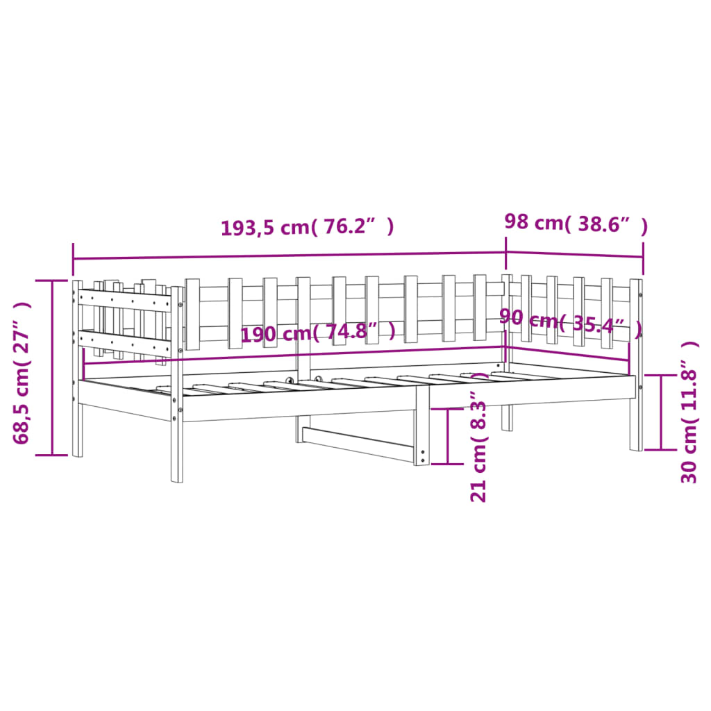 Lit de jour sans matelas 90x190 cm bois de pin massif