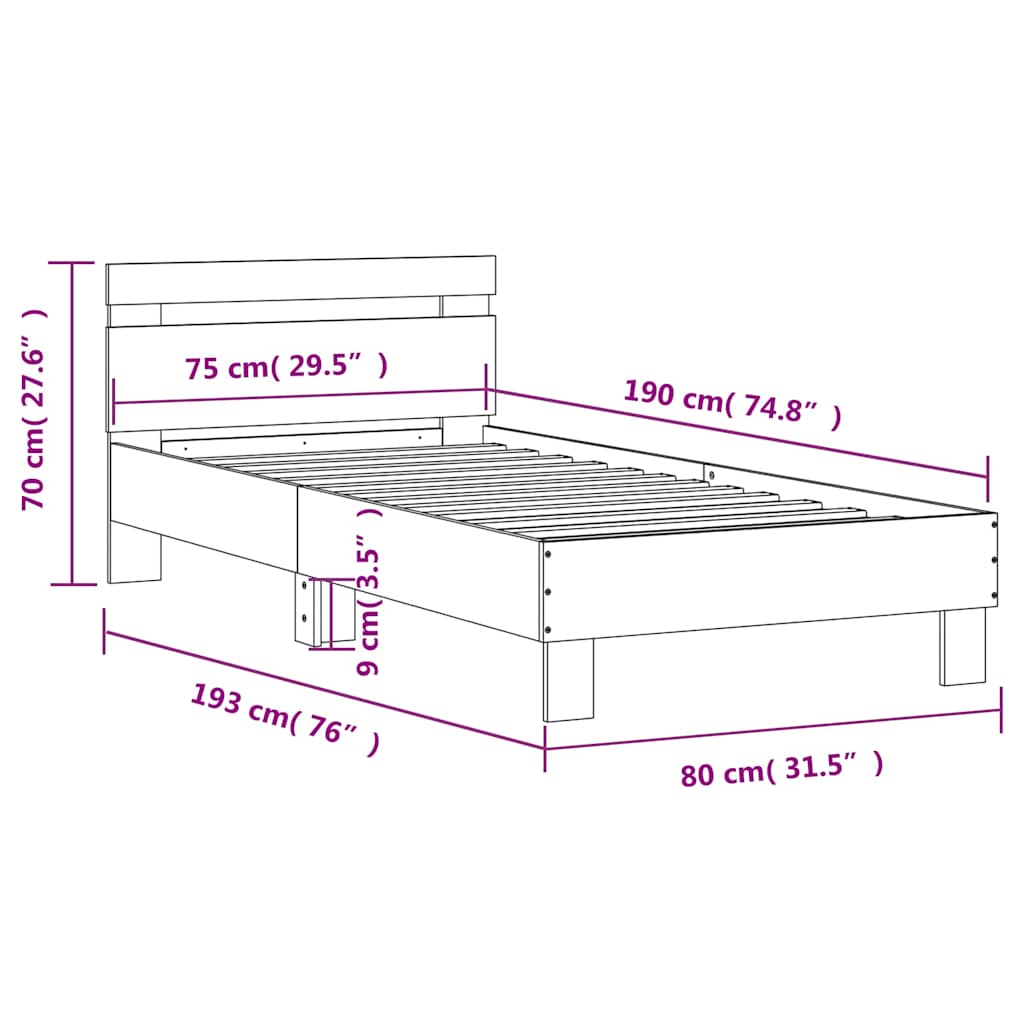 Cadre de lit sans matelas avec tête de lit 75x190 cm