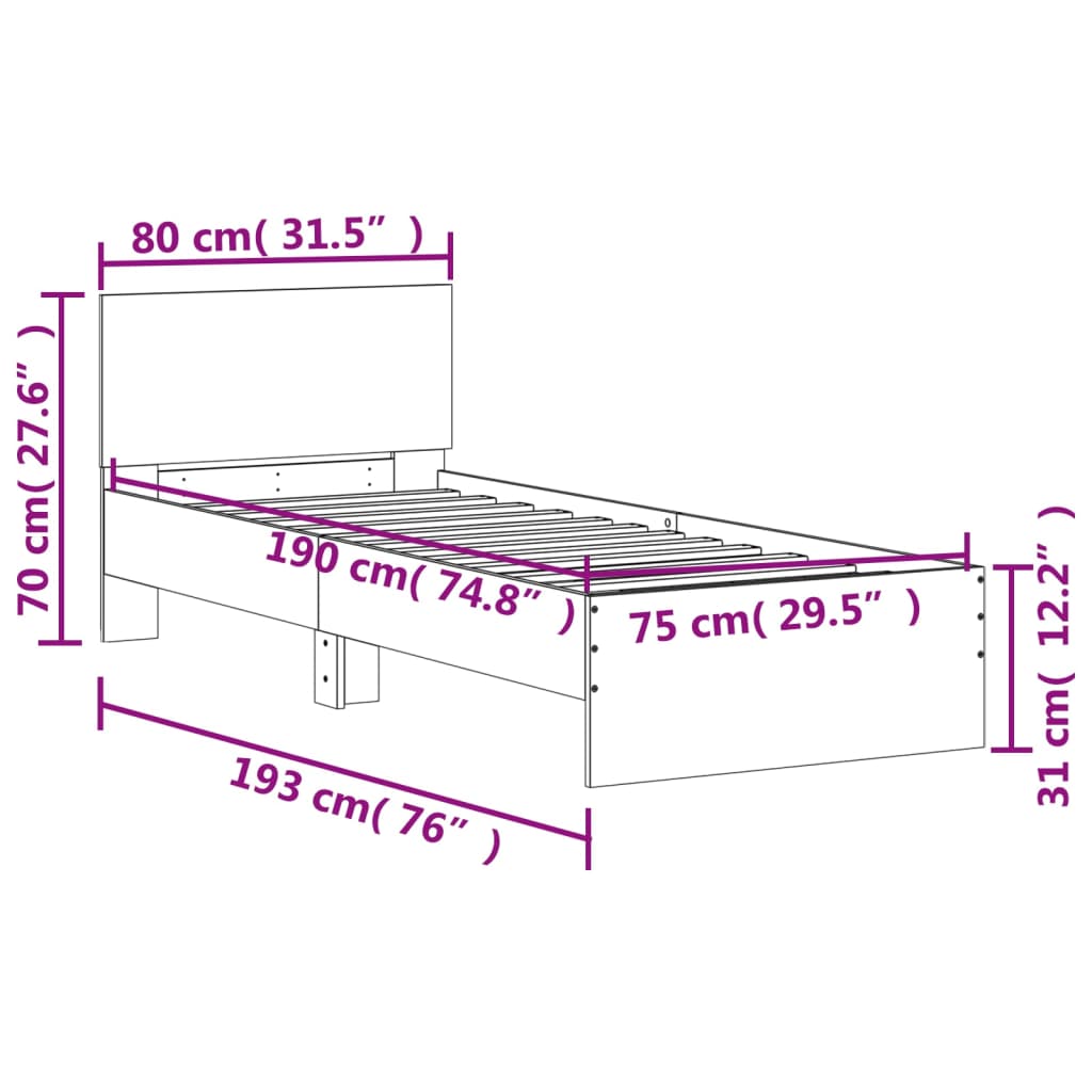 Cadre de lit sans matelas avec tête de lit blanc 75x190 cm