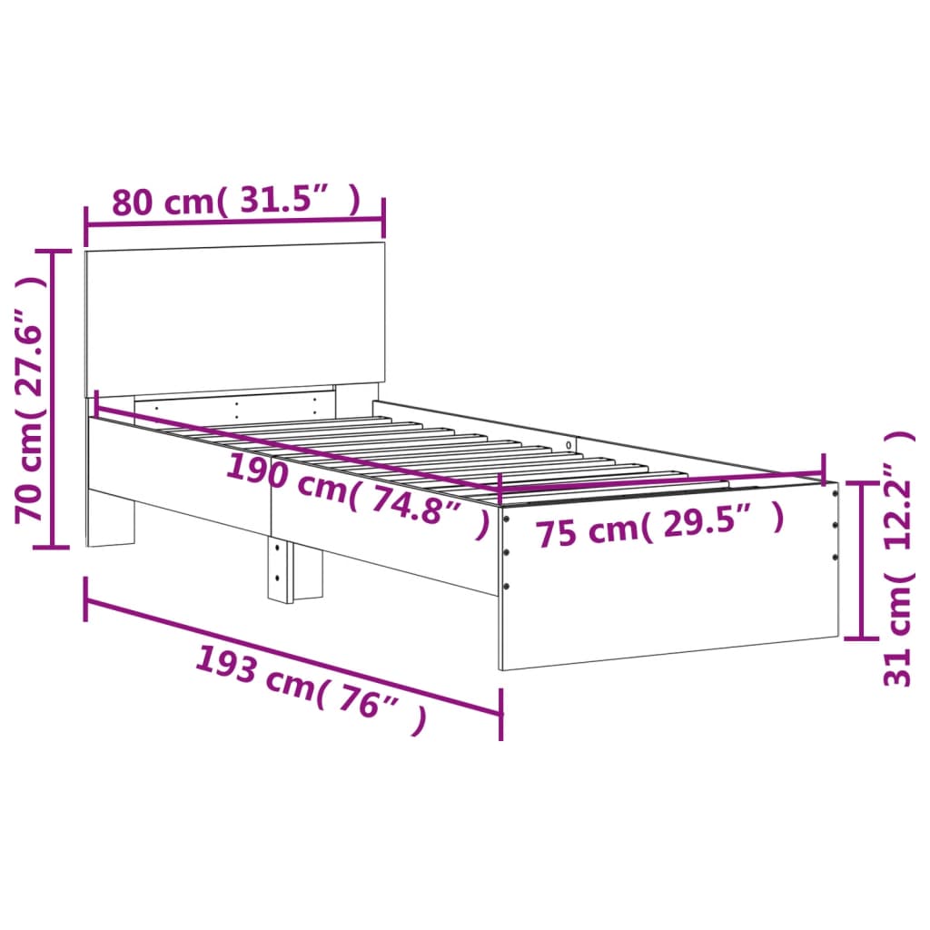 Cadre de lit sans matelas avec tête de lit 75x190 cm