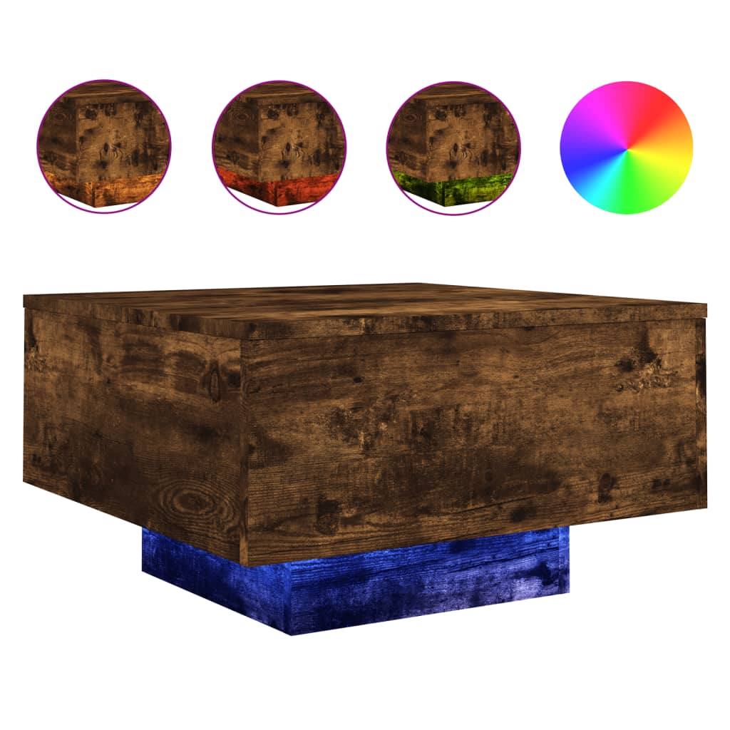 Table basse avec lumières LED chêne fumé 55x55x31 cm