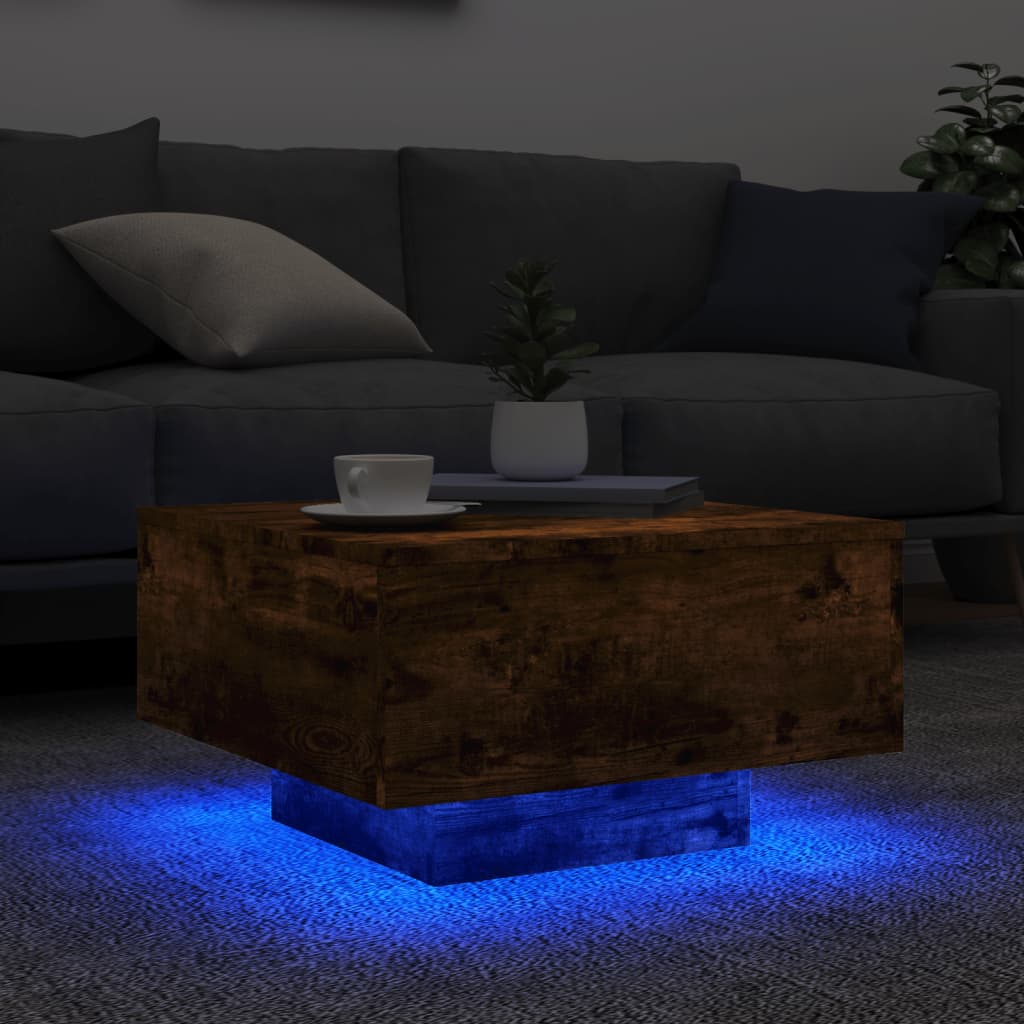 Table basse avec lumières LED chêne fumé 55x55x31 cm