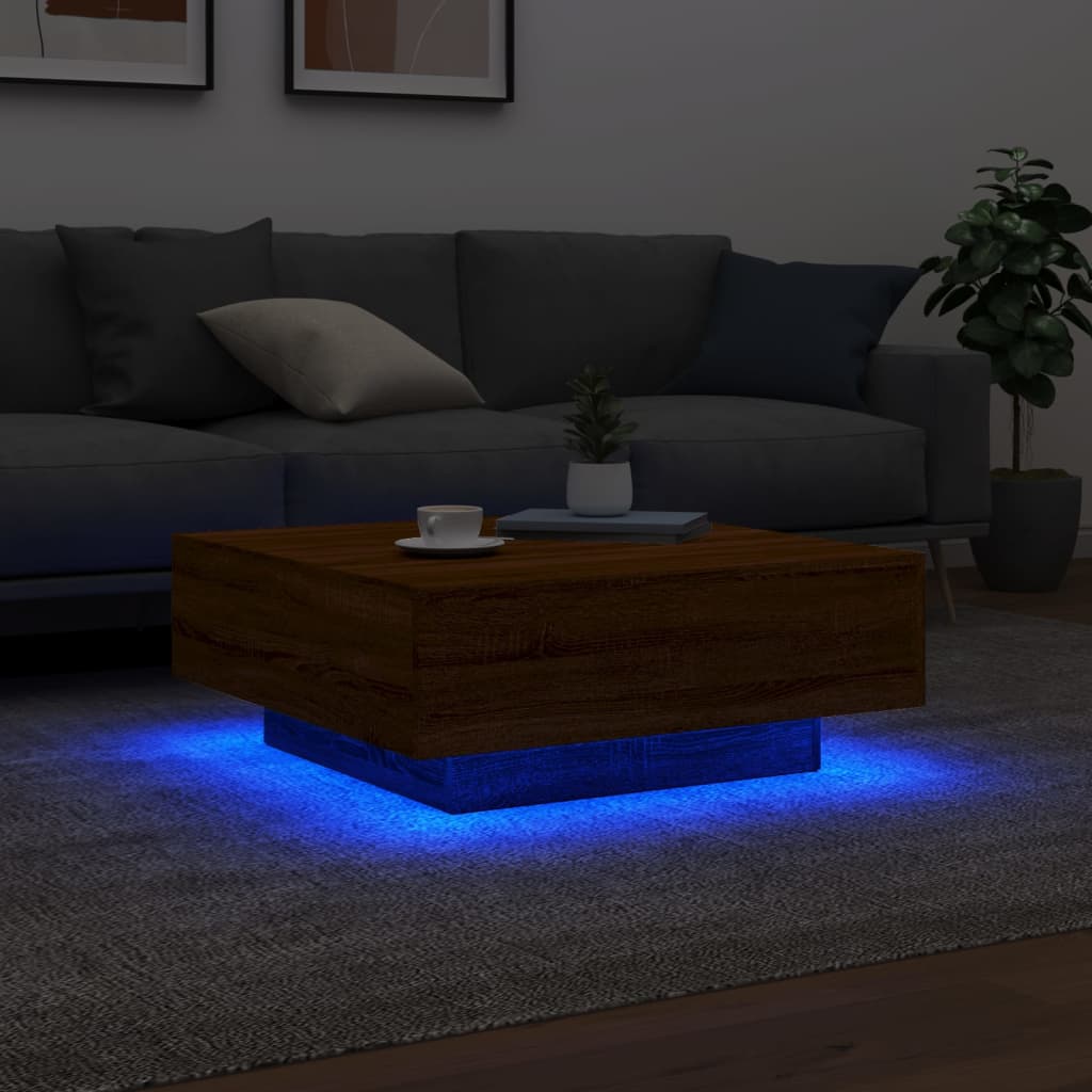 Table basse avec lumières LED chêne marron 80x80x31 cm