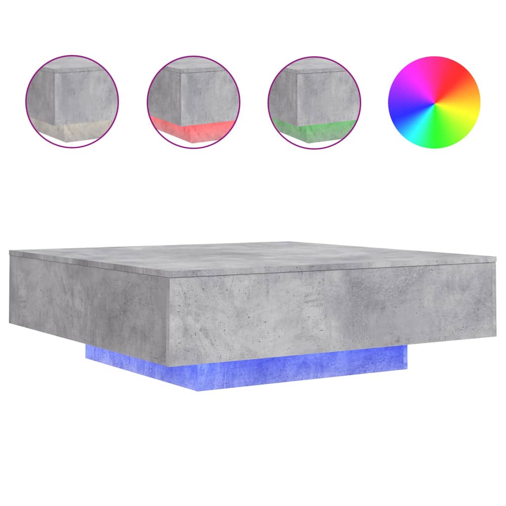 Table basse avec lumières LED gris béton 100x100x31 cm