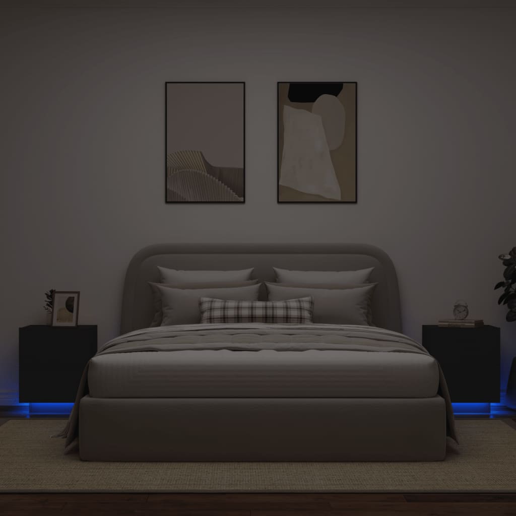 Armoires de chevet et lumières LED 2 pcs noir bois d'ingénierie