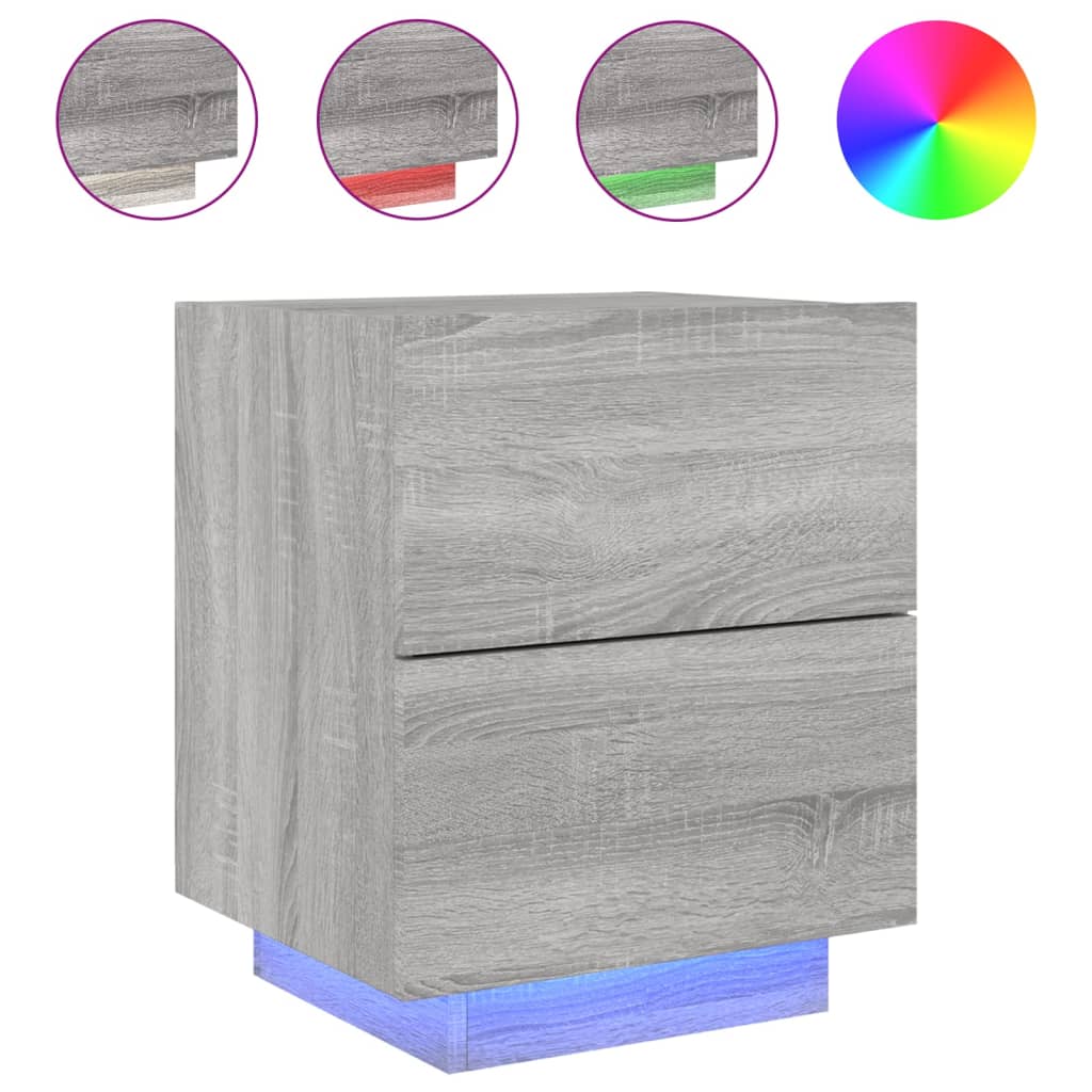 Armoire de chevet et lumières LED sonoma gris bois d'ingénierie