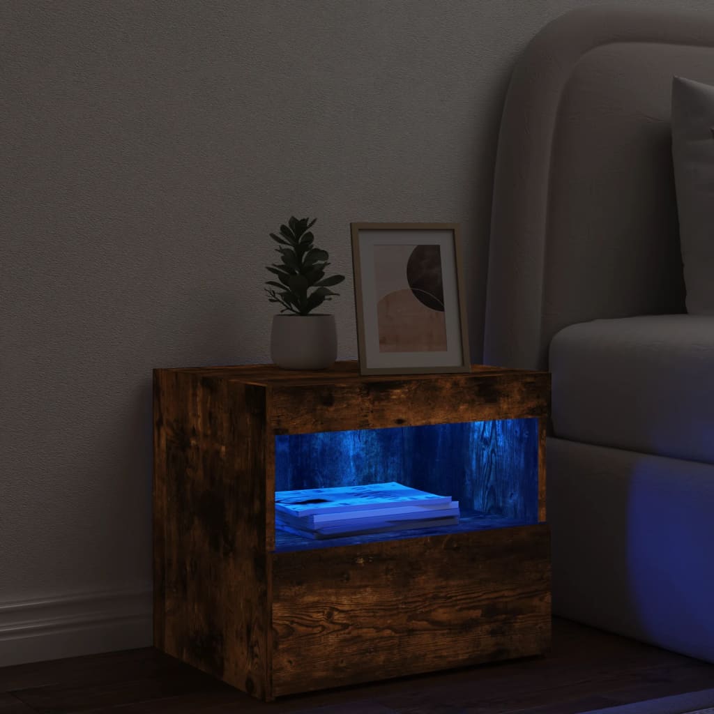 Table de chevet avec lumières LED chêne fumé 50x40x45 cm