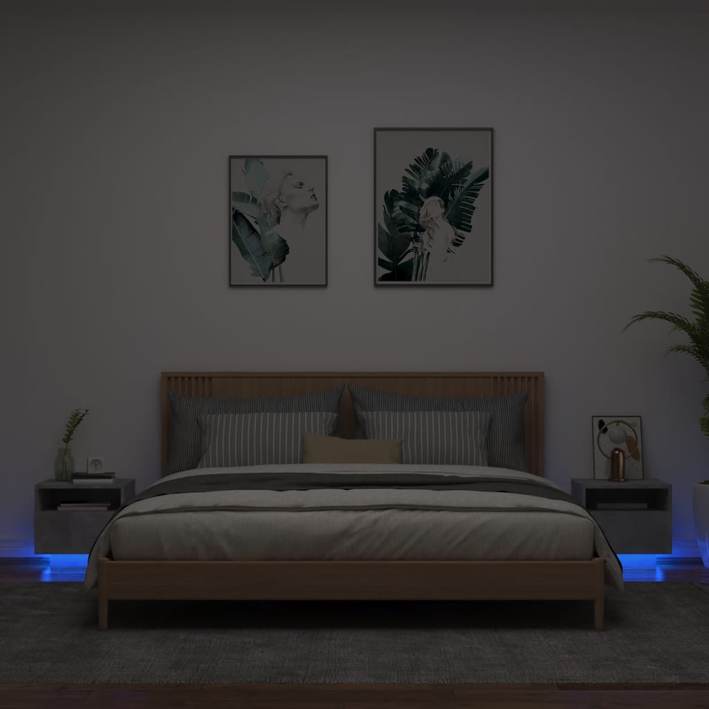 Armoires de chevet avec lumières LED 2 pcs gris béton