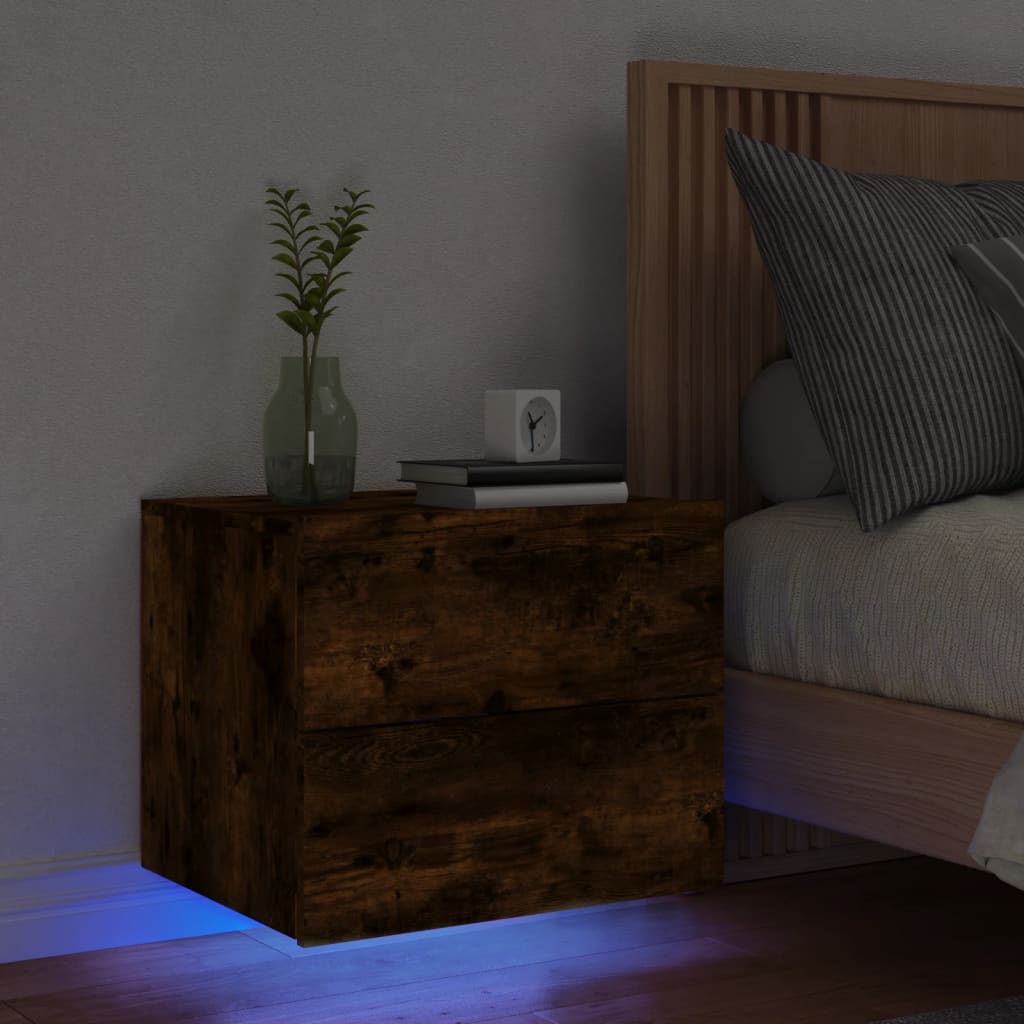 Table de chevet murale avec lumières LED chêne fumé