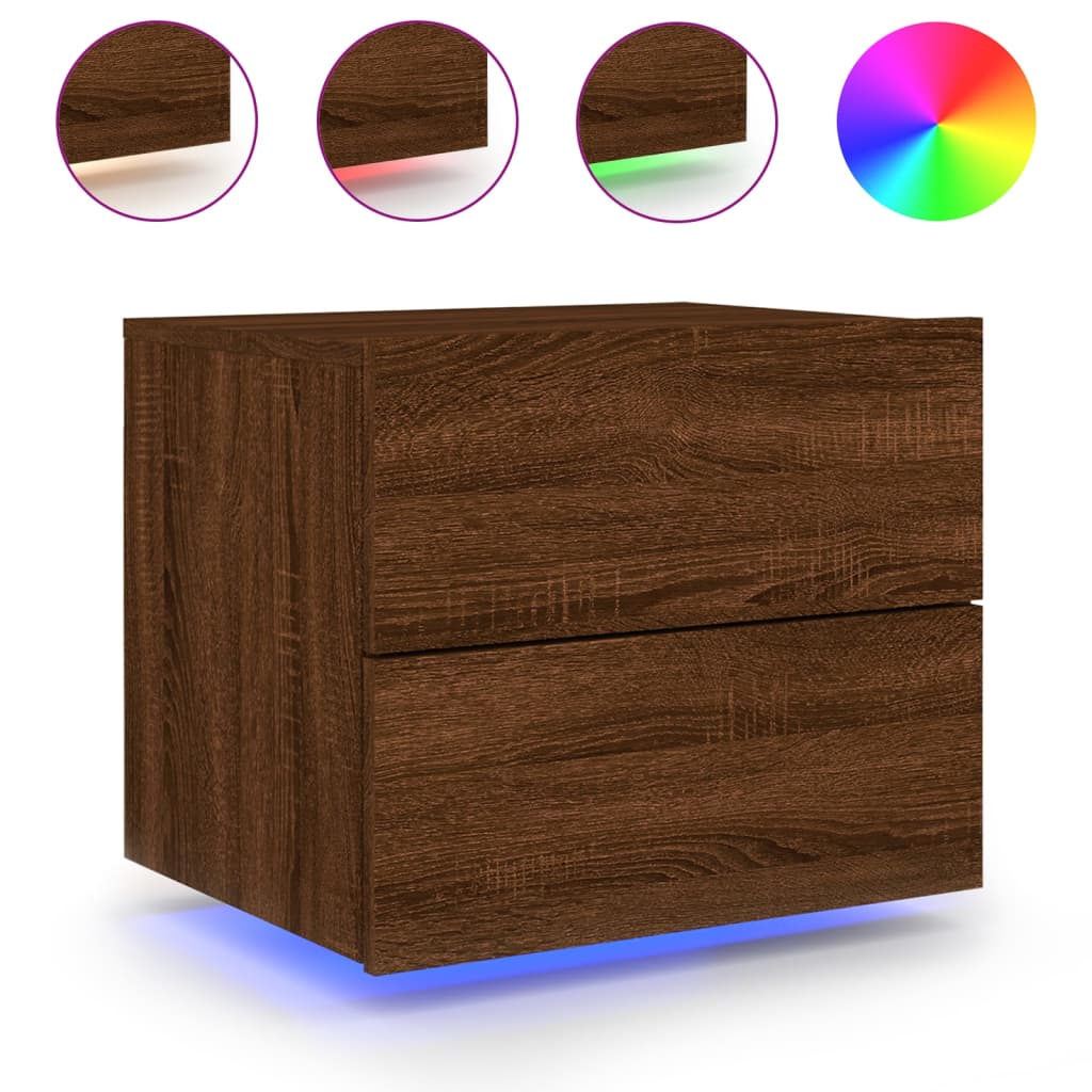 Table de chevet murale avec lumières LED chêne marron