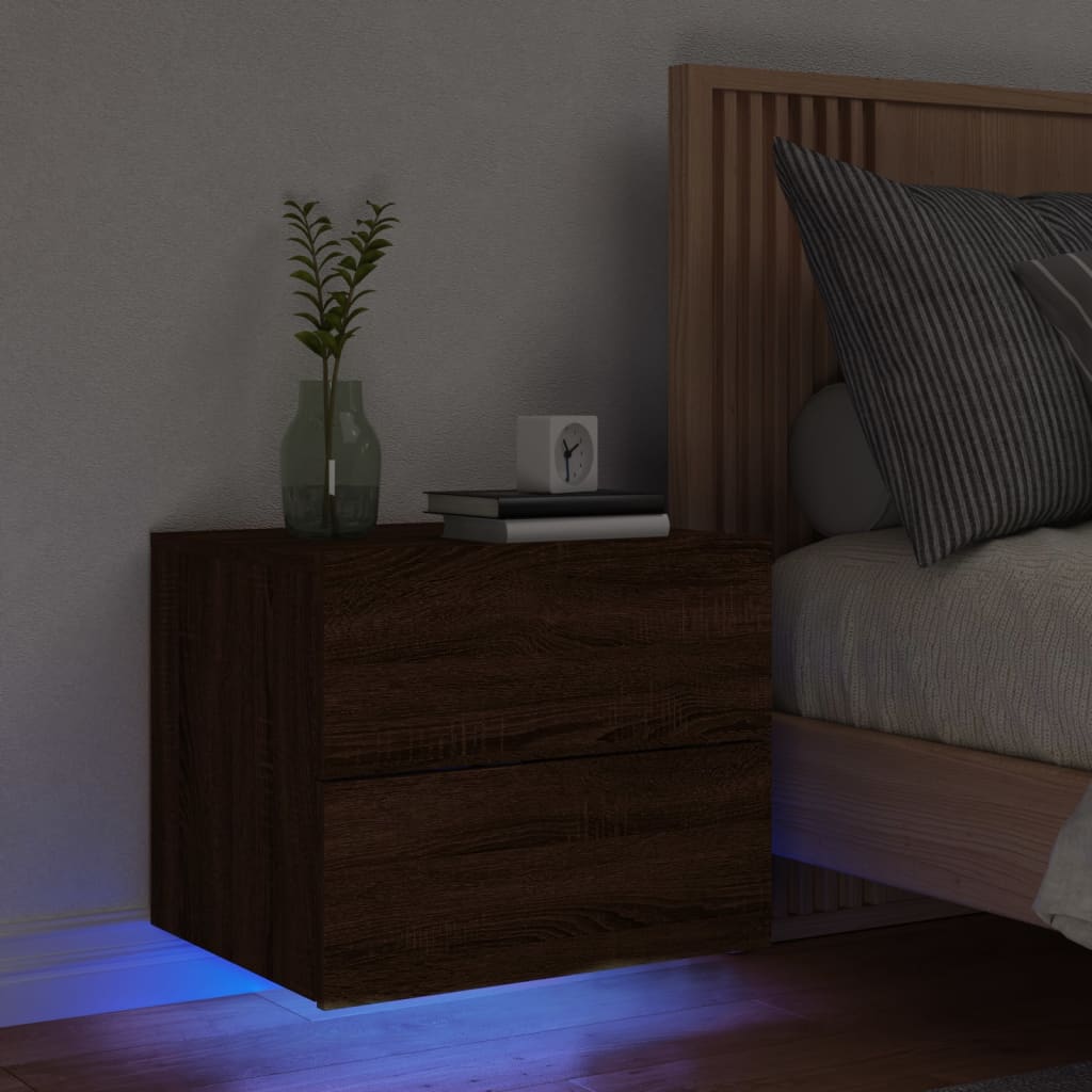 Table de chevet murale avec lumières LED chêne marron