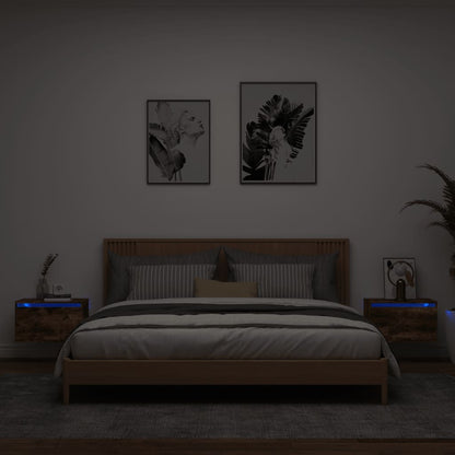 Tables de chevet murales avec lumières LED 2 pcs chêne fumé