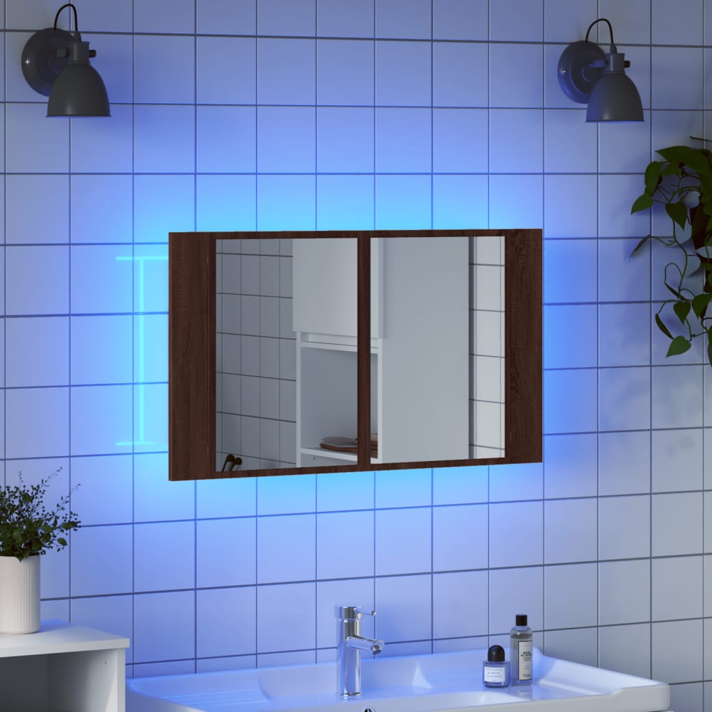 Armoire à miroir à LED de bain chêne marron 80x12x45 cm