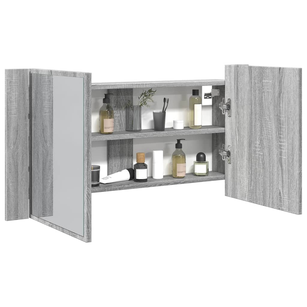 Armoire de salle de bain à miroir LED sonoma gris 90x12x45 cm