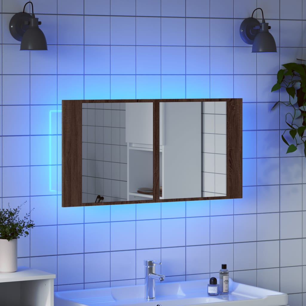 Armoire à miroir à LED de bain chêne marron 90x12x45 cm