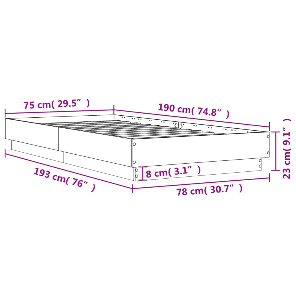 Cadre de lit sans matelas noir 75x190 cm bois ingénierie