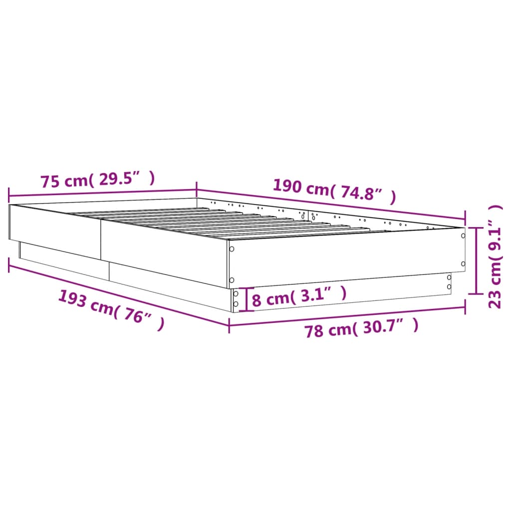 Cadre de lit sans matelas chêne fumé 75x190cm bois d'ingénierie