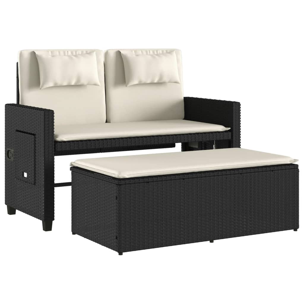 Banc inclinable de jardin avec coussins noir résine tressée