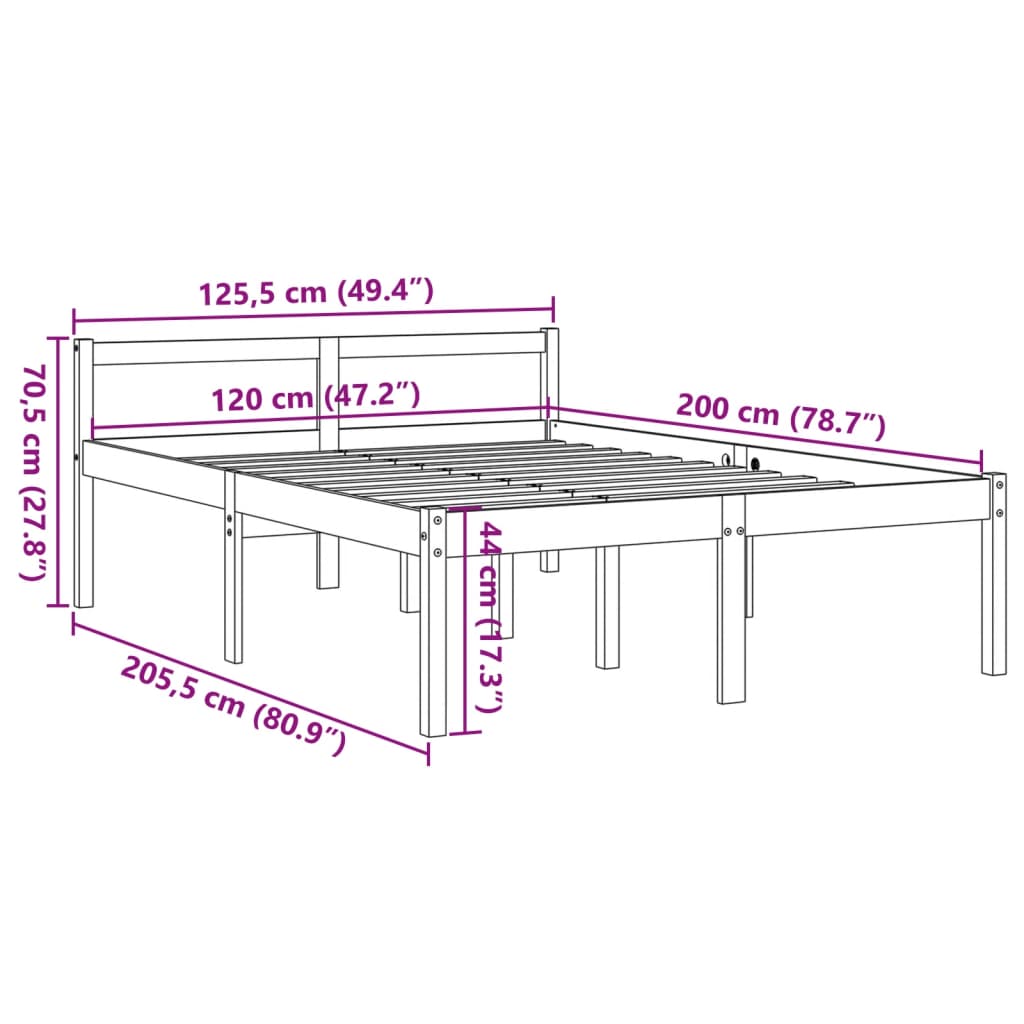 Lit pour personne âgée sans matelas 120x200 cm bois pin massif