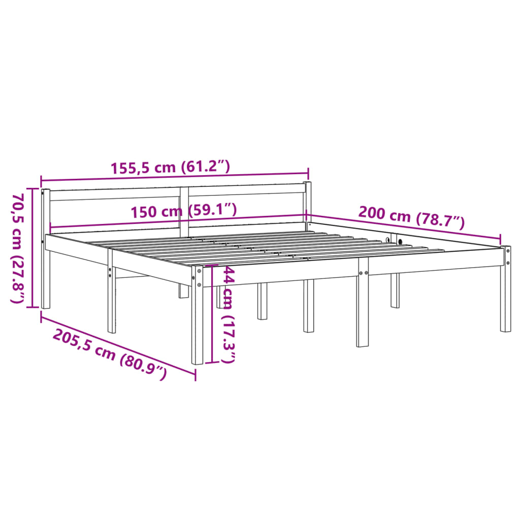 Lit pour personne âgée sans matelas 150x200 cm bois pin massif