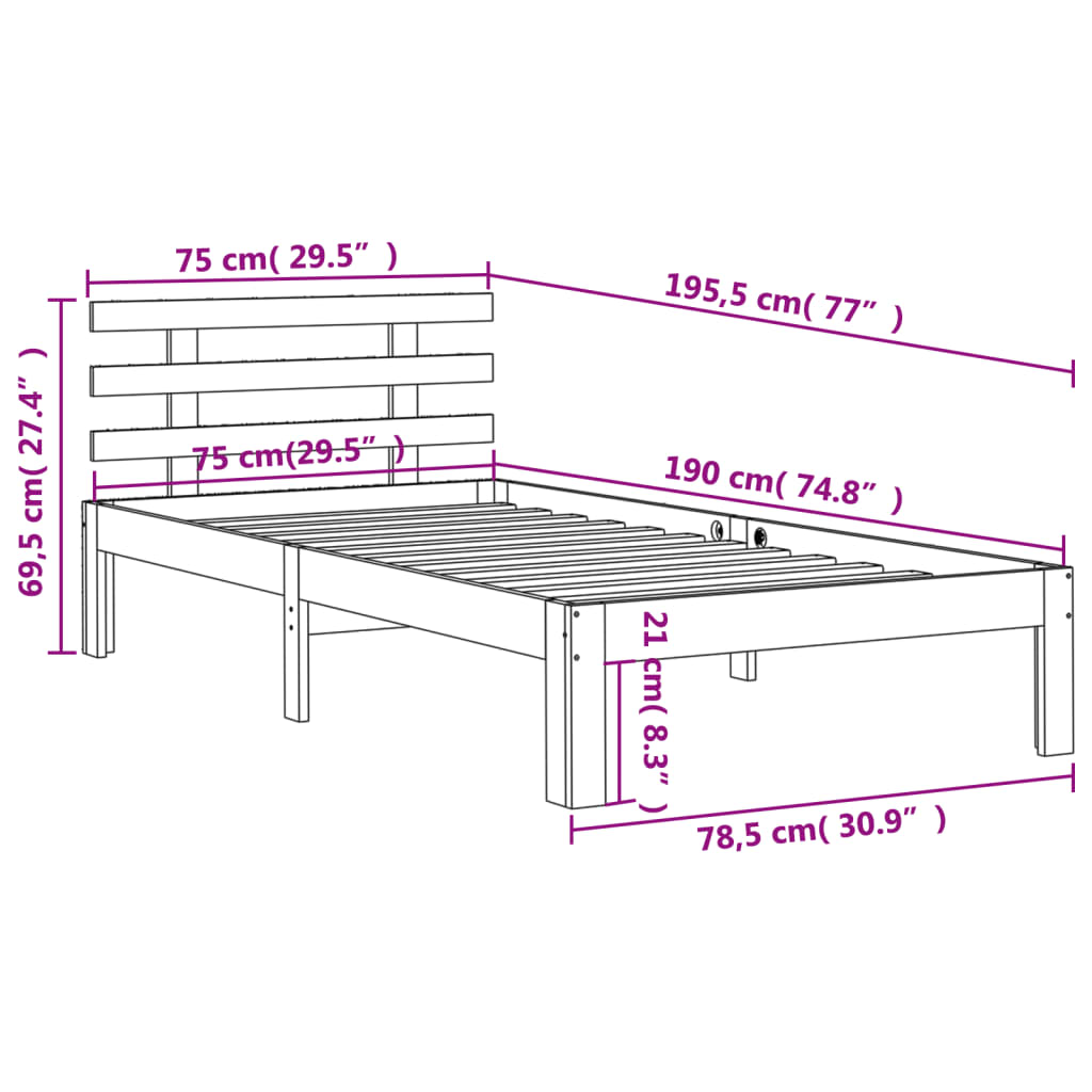 Cadre de lit sans matelas cire marron 75x190 cm bois pin massif