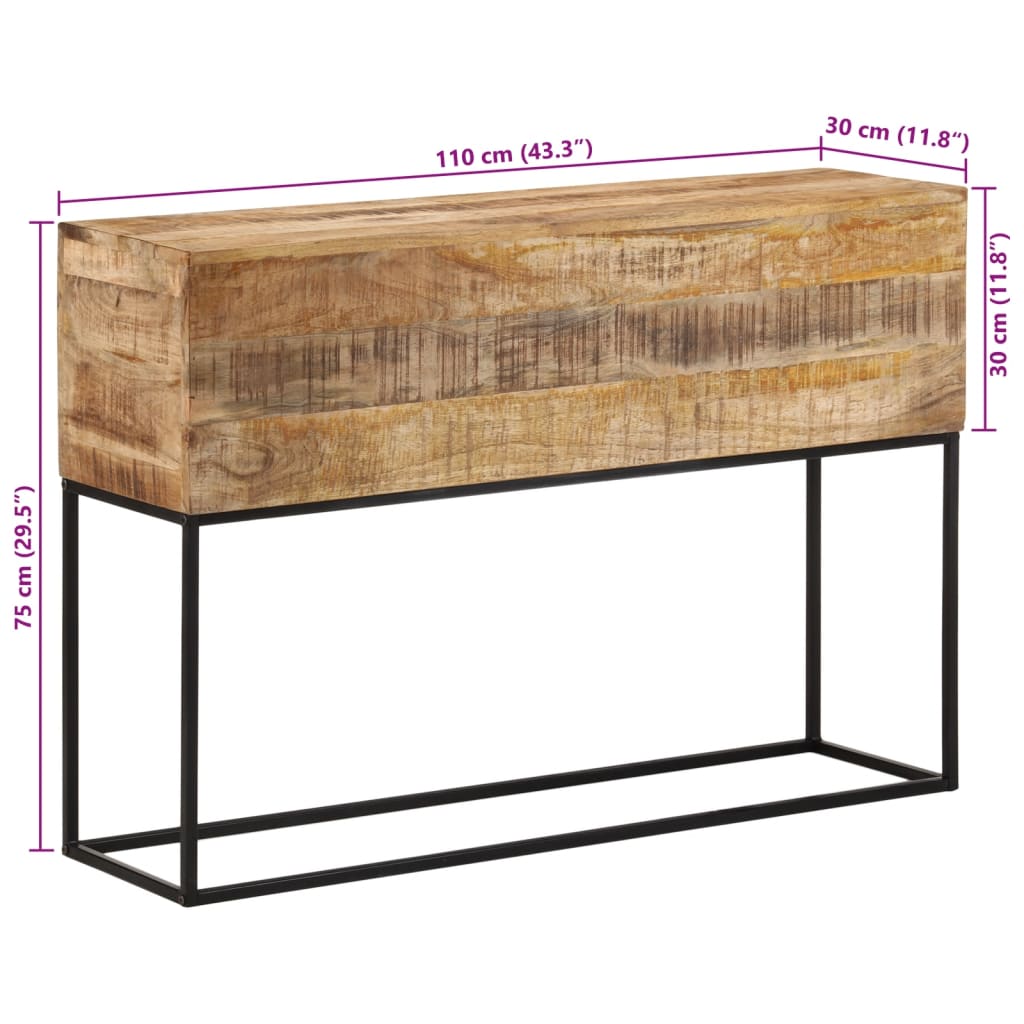 Table console 110x30x75 cm bois de manguier massif brut et fer