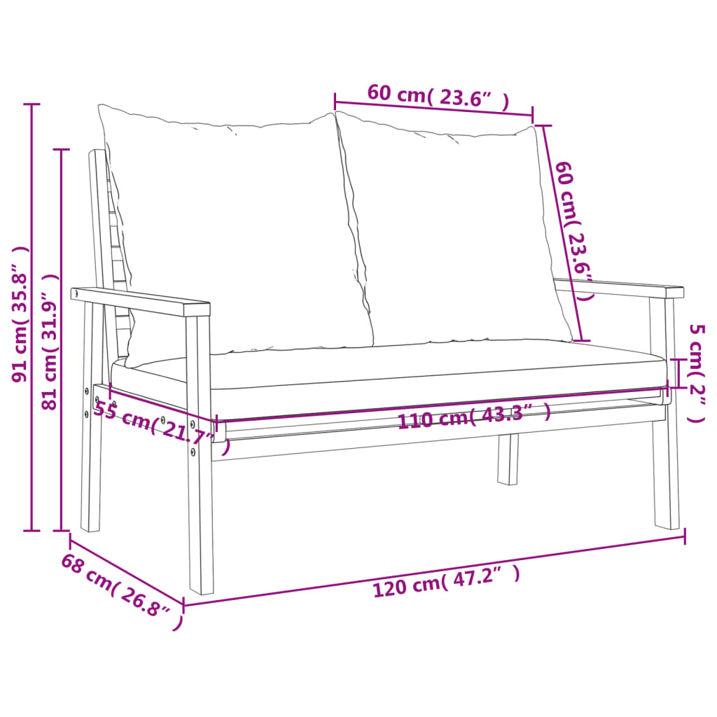 Canapé de jardin 120 cm avec coussin bois d'acacia massif