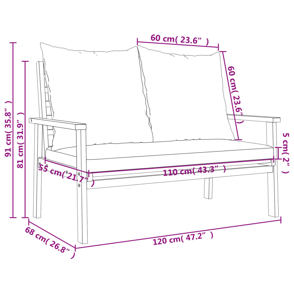 Canapé de jardin 120 cm avec coussin bois d'acacia massif