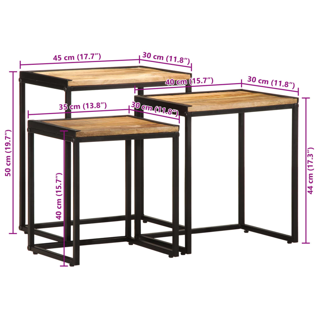 Tables d'appoint gigognes 3 pcs bois de manguier massif brut