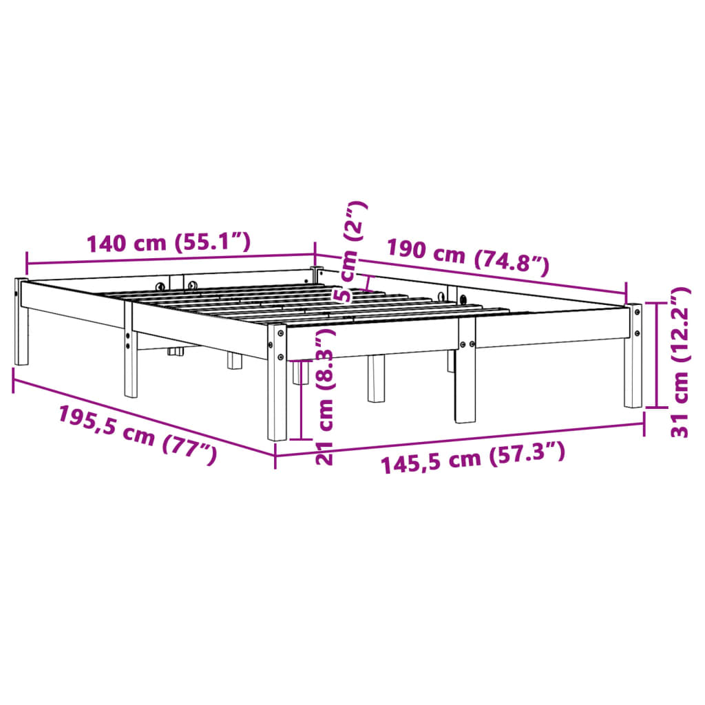 Cadre de lit sans matelas cire marron 140x190cm bois pin massif