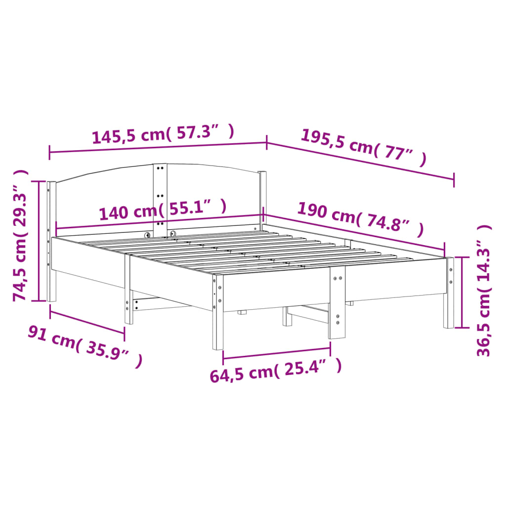 Cadre de lit sans matelas cire marron 140x190cm bois pin massif